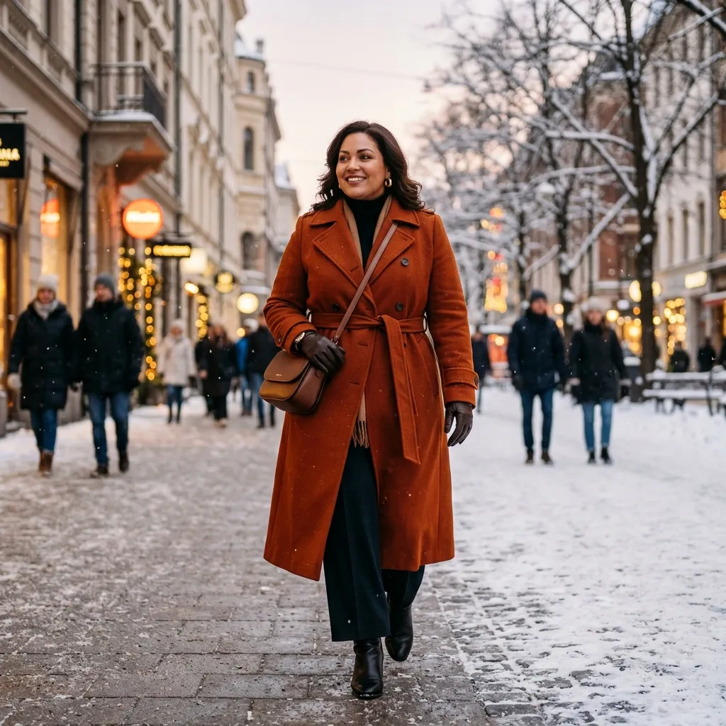 Mujer con curvas luciendo un abrigo elegante de invierno en la calle